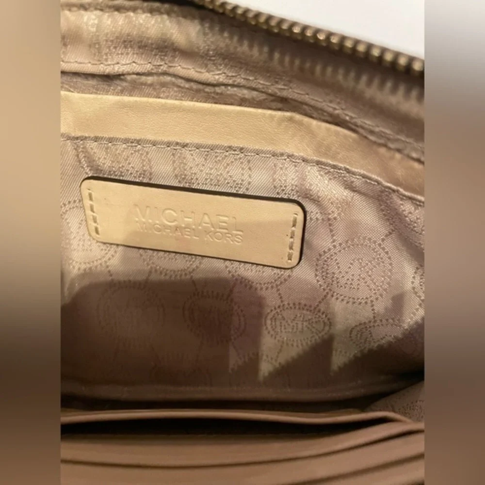 Michael Kors Brown Signature Monogram Wristlet Pouch Gold Hardware Wallet Clutch